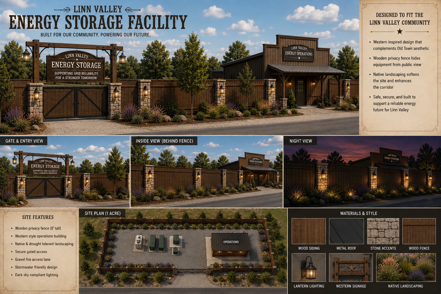 Concept rendering of a roughly one-acre 'Linn Valley Energy Storage' battery facility: equipment screened behind an 8-foot wooden privacy fence with stone accents, native landscaping, dark-sky lantern lighting, and a Western-style operations building.