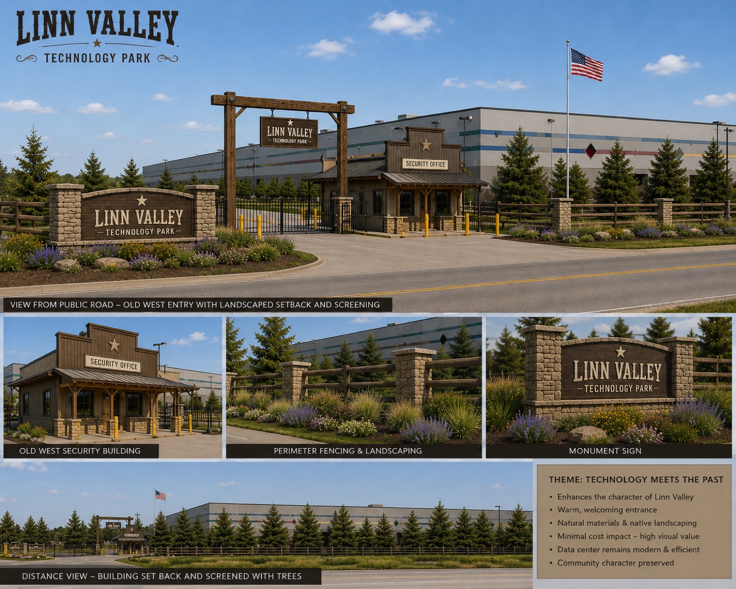 Concept rendering for 'Linn Valley Technology Park' with an Old-West-styled timber-and-stone entry gate, monument sign, and security building, native landscaping and screening, with a modern data center behind.