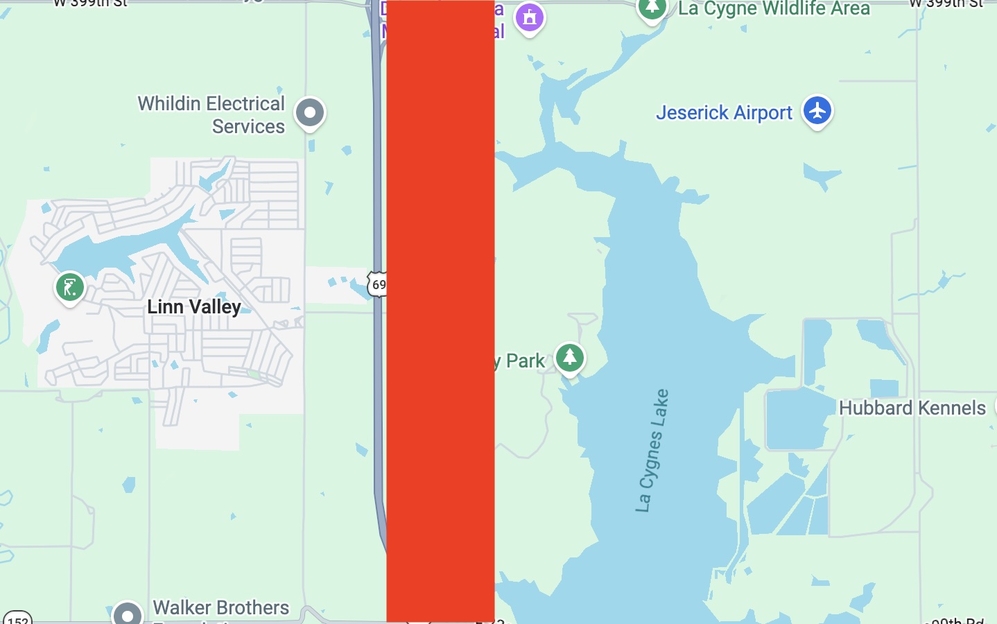 Map of Linn Valley showing the residential community and POA west of US-69, with a highlighted candidate area on the east side of the highway, between the highway and La Cygne Lake.
